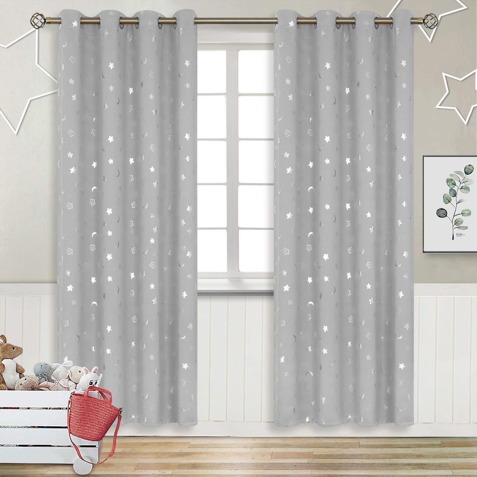 BGment Nursery Curtains for Kids Room, Star and Moon Blackout Curtains for Girls Boys Bedroom, Room Darkening Thermal Insulated Decoration Window Grommet Curtains, 2 Panels of 52 x 84 Inch, Light Grey