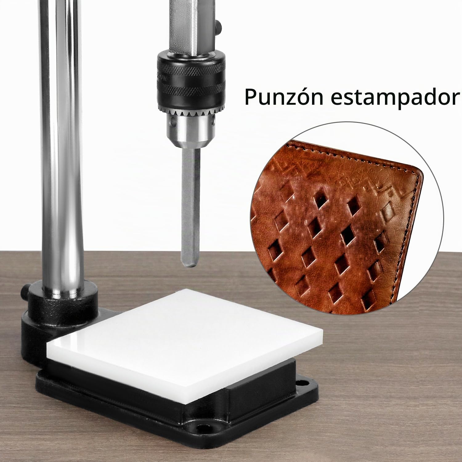 QWORK® Máquina punzonadora y repujadora de cuero con portabrocas de 12,7 mm y placa protectora de nailon, compatible con perforadora, cincel de costura y sello de estampado