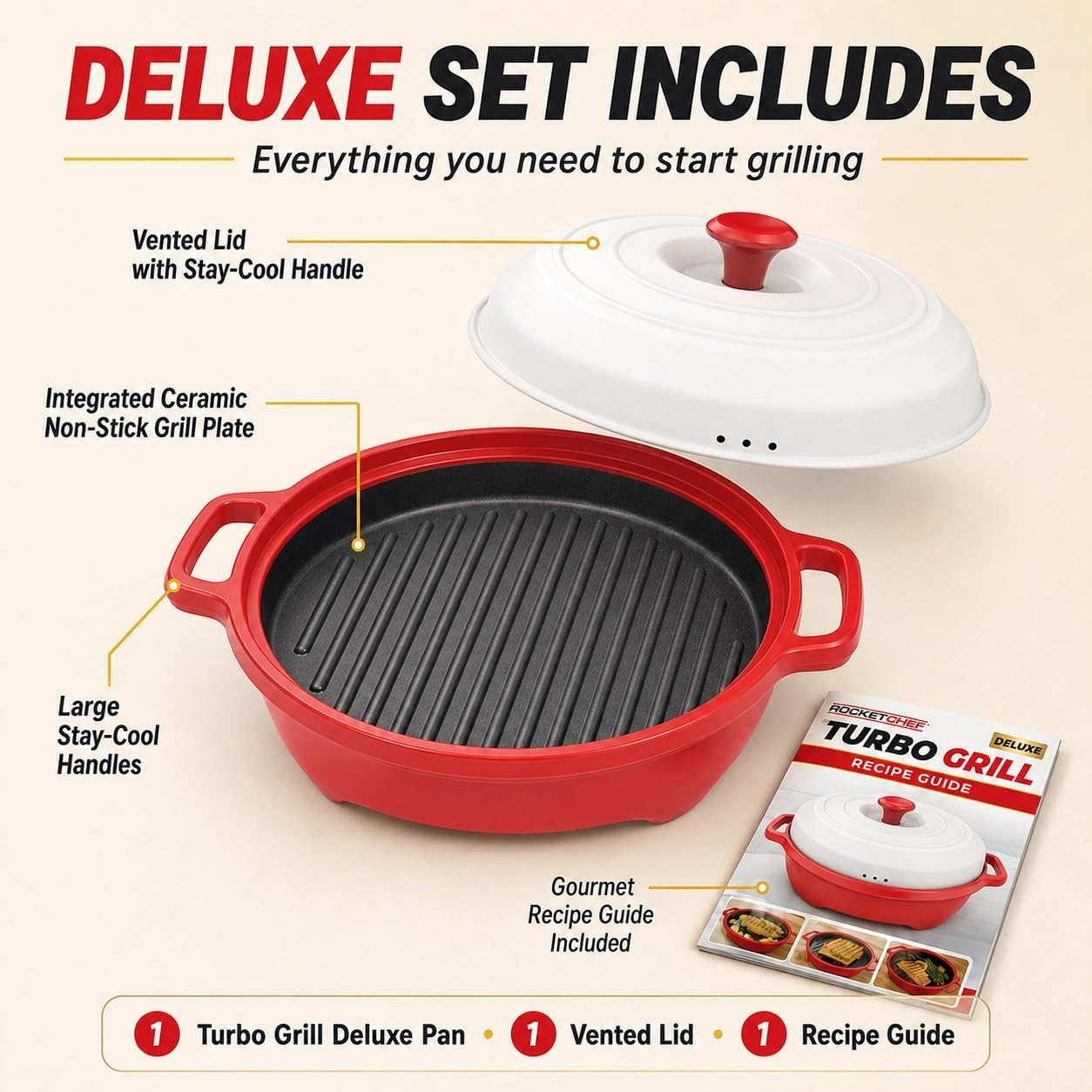 Turbo Grill Deluxe Microwave Grill Pan, Vented Lid, Red