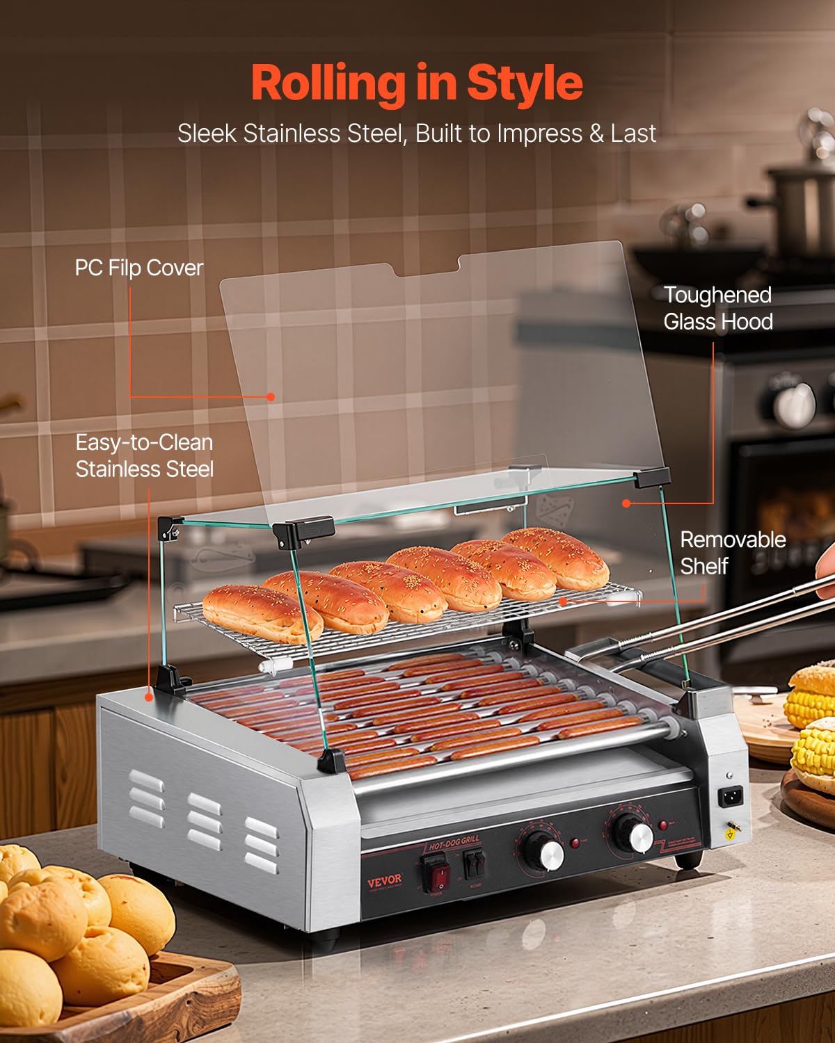 VEVOR Rullo per Hot Dog, 30 Hot Dog 11 Rulli, Cuocitore per Salsicce in Acciaio Inox 2200 W con Doppio Controllo della Temperatura, Contenitore Laterale, Ripiano Rimovibile e Vassoio Raccogli-Olio