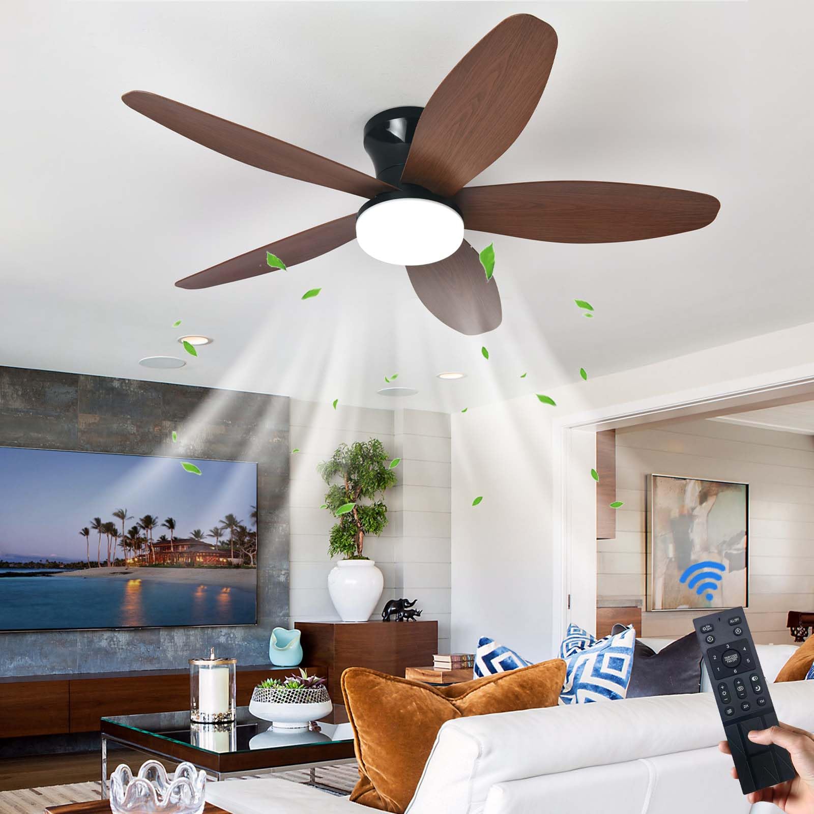 100CM 5 Łopatek Cichy Nowoczesny Wentylator Sufitowy Z Pilotem/aplikacją LED Ściemnialny 6 Prędkości Wentylatory Sufitowe Z Lampą Do Sypialni/salonu-Brown Wood Grain