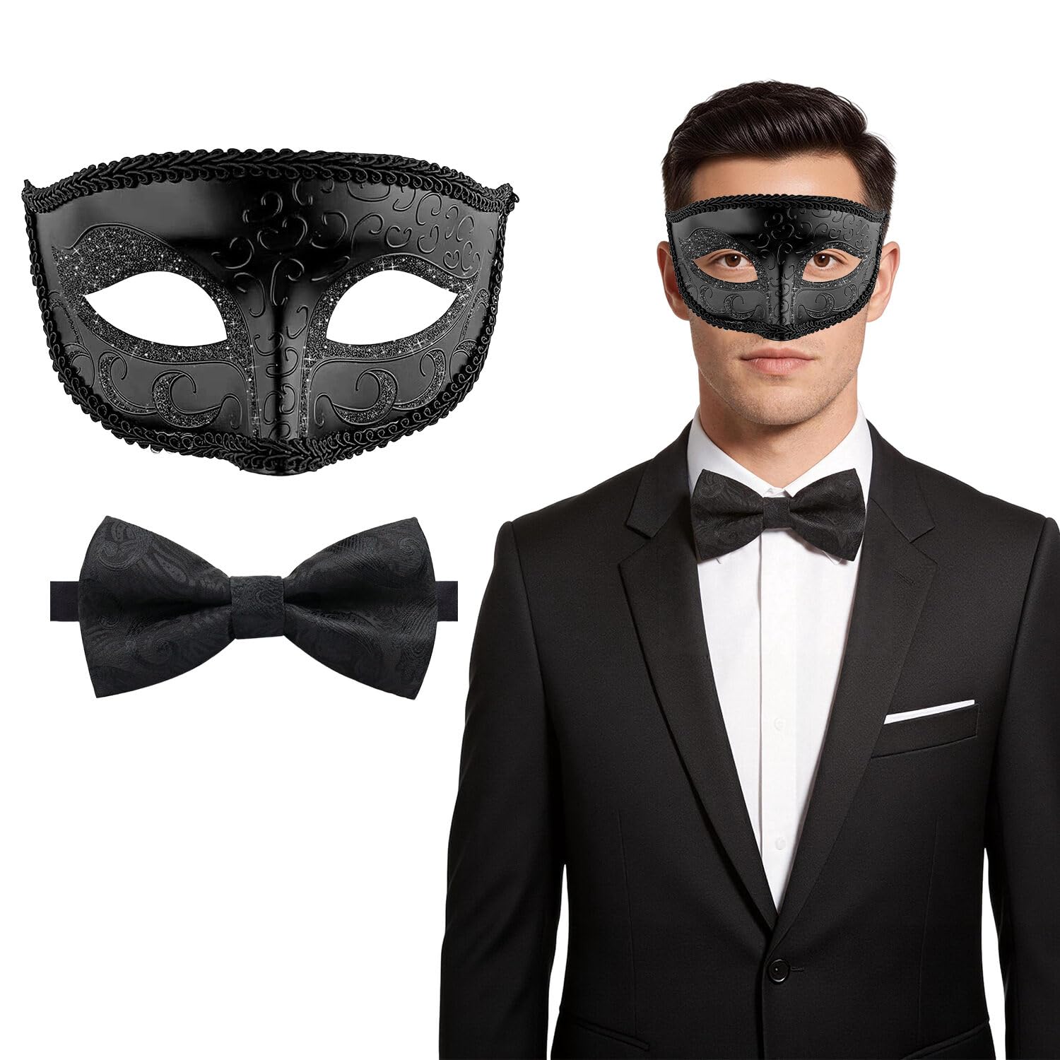 Kecartu Masquerade Mask for Men, Venetian Half Face Mask，Mardi Gras Mask with Bow Tie for Masquerade Ball Halloween Cosplay Costume Parties, Black