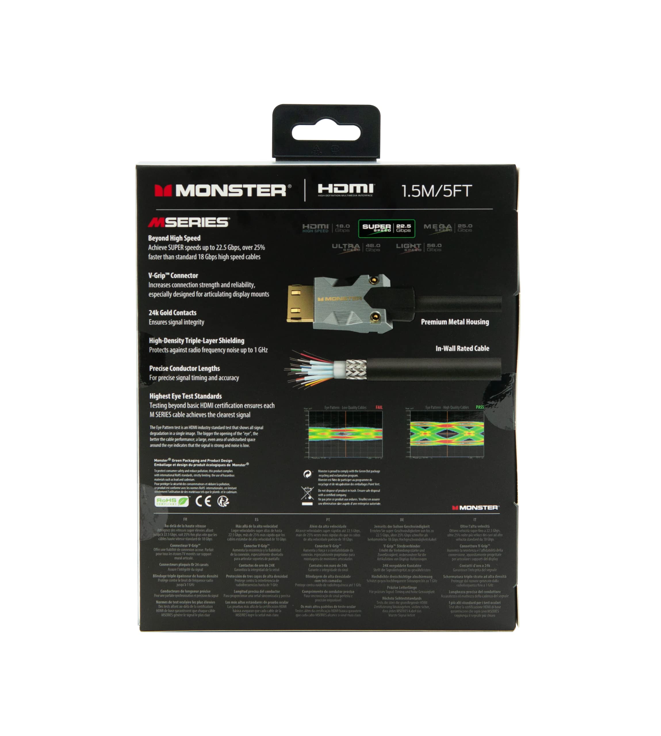 MONSTER - Câble HDMI - Résolution 4K - Vidéo HDR10-22,5 GBPS - Vitesse Éclair - Connecteurs V-Grip - Triple Blindage - 1,5 Mètres - Garanti à Vie - Noir