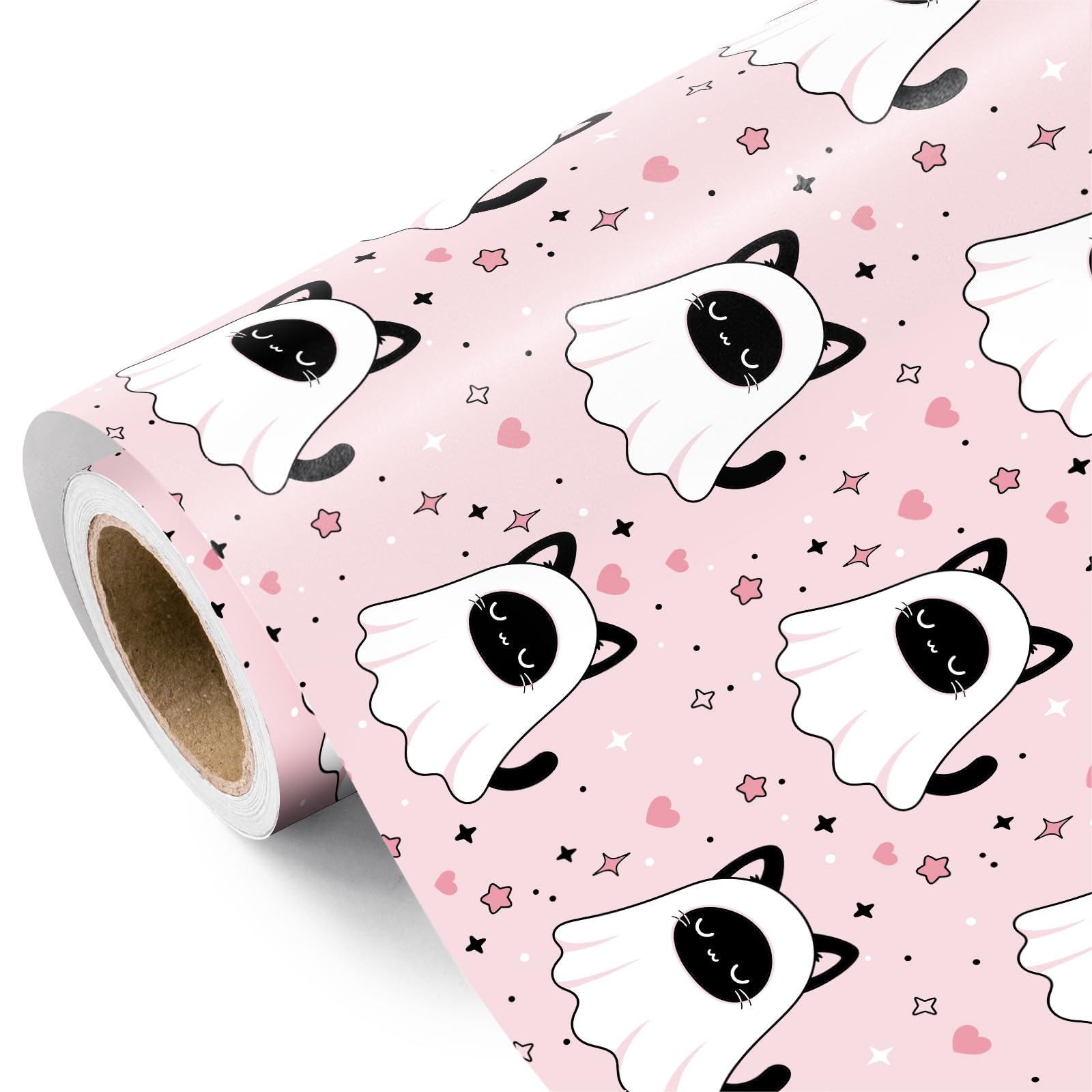 RUSPEPA Halloween Ghost Wrapping Paper Roll - Mini Roll - 43.2cm x 5m - Cat Design Wrapping Paper for Halloween Party, Birthday