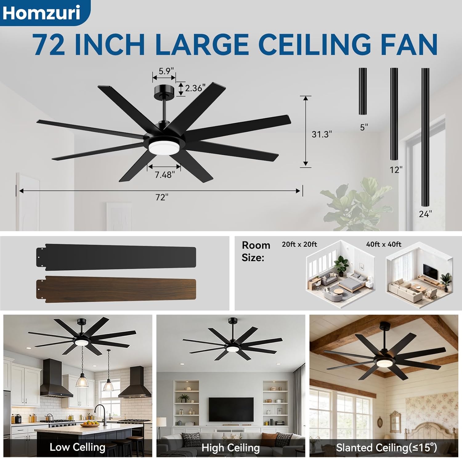 72 Inch Ceiling Fans with Lights, Large Ceiling fan with Light and Remote/APP Control, 3CCT, Dimmable, Noiseless DC Reversible Motor, 8 Blades Black Ceiling Fan for Bedroom Living Room Outdoor