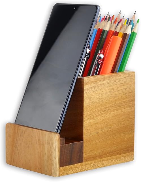 Eitida Desk Organizer Square Pen & Pencil Holder with Mobile Phone Stand on one side, Store Cosmetics, Stationary and Various Small Ornaments.Desktop Decoration for Office Supplies, Acacia Wood_Brown