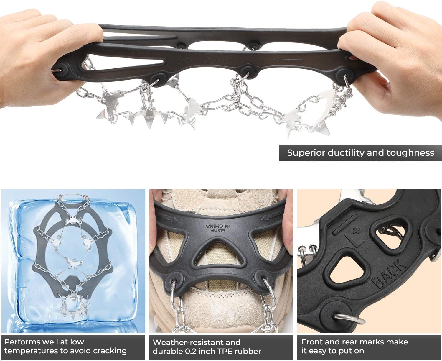 Sportneer Ramponi da Ghiaccio a trazione, 19 Denti 201 Inox Copertura Antiscivolo per Scarpe da Neve, ramponi per scarponi, Protezione sicura per Camminare, Jogging, Pesca, Camp