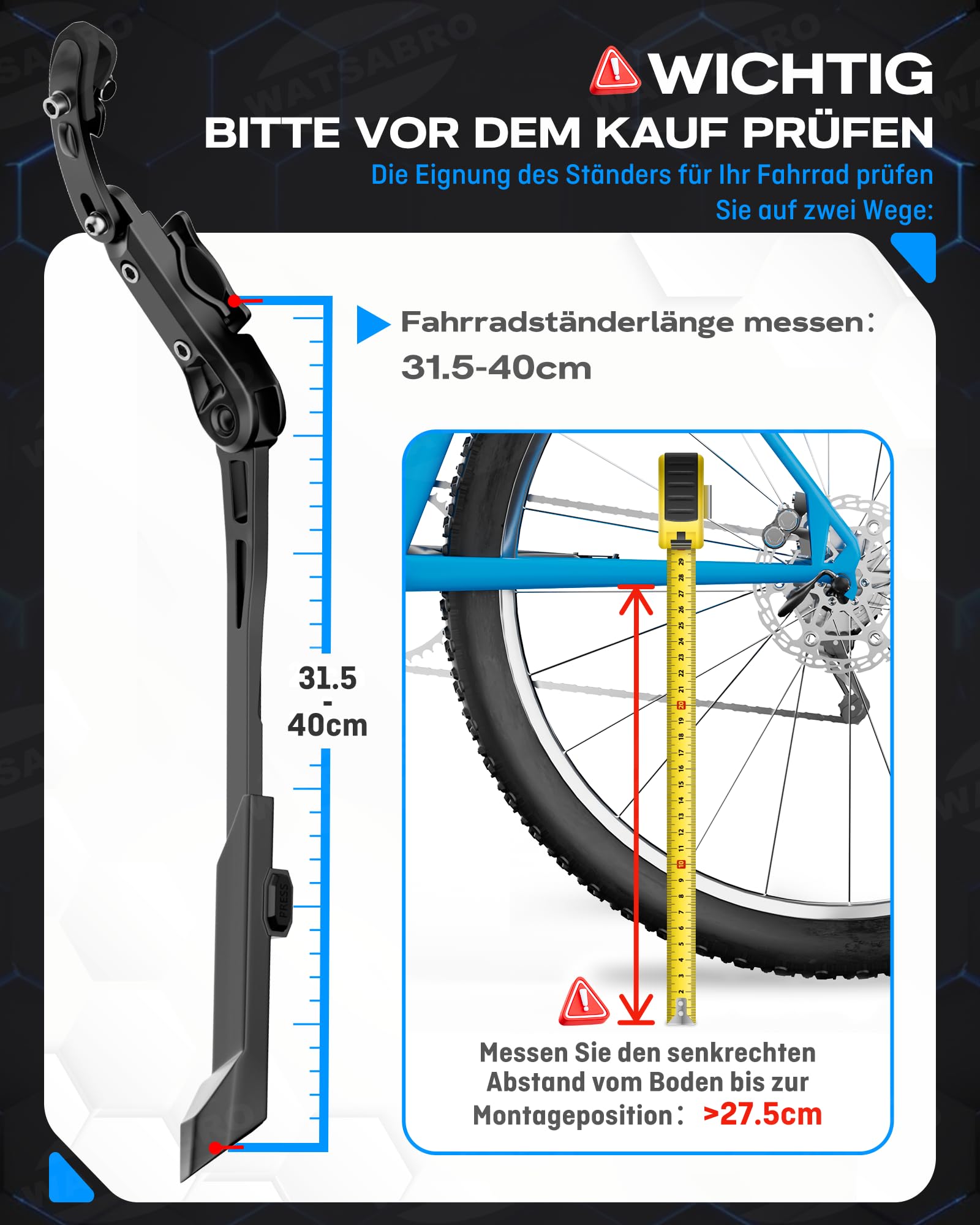 WATSABRO Fahrradständer 24-29 Zoll für Runde Rohre - Schnell Höhenverstellbarer Fahrrad ständer, Leichtbau-Aluminiumlegierung Hinterbauständer für E-Bikes, MTB, Citybikes (45 kg)