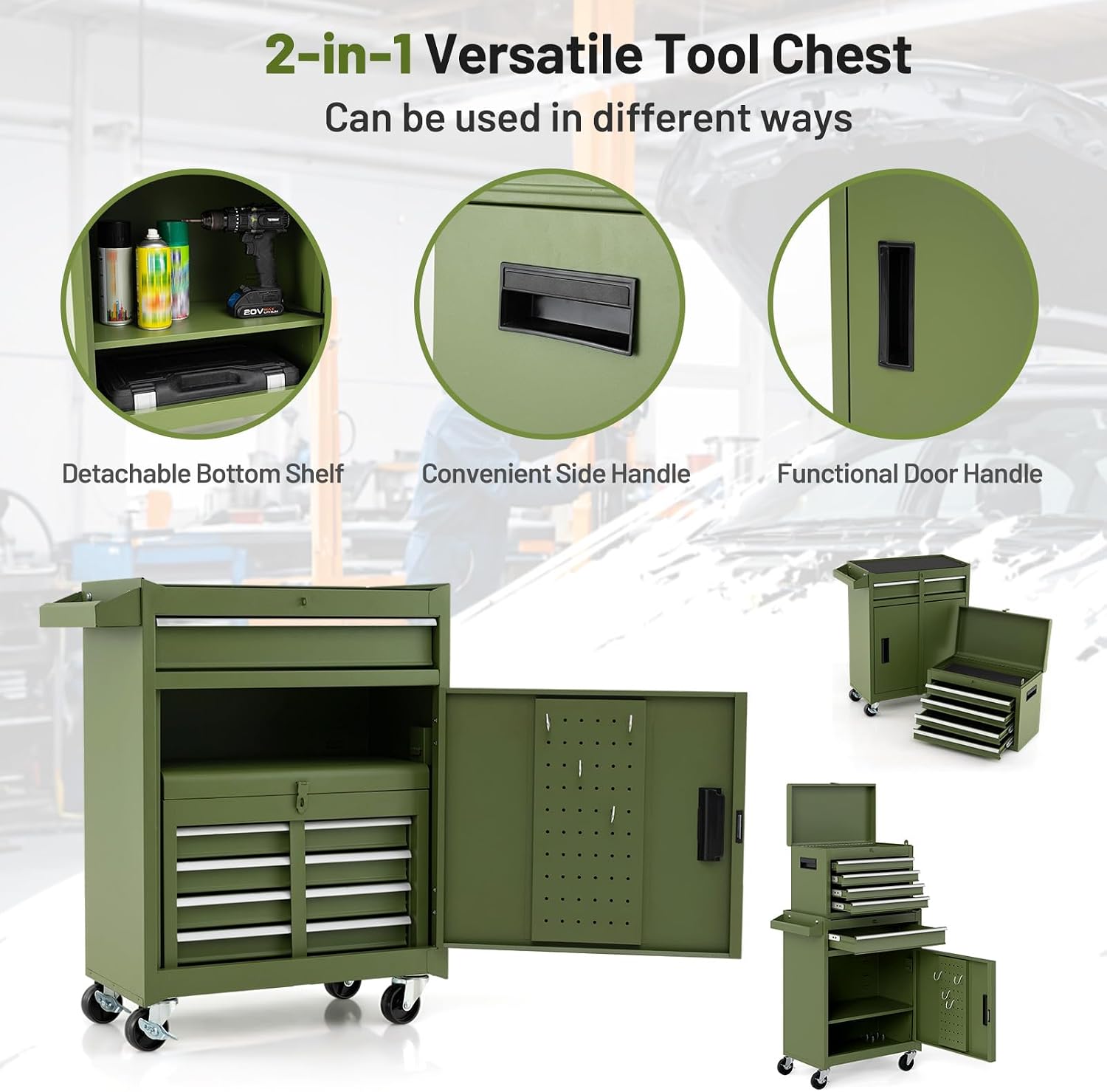  Tool Chest, 5 Drawers Rolling Tool Cabinet with Detachable Top Toolbox, Universal Lockable Wheels, Lock Bar, Protective Liner & Tool Rack, Metal Tool Storage Cart, Tool Box for Garage Workshop thumbnail