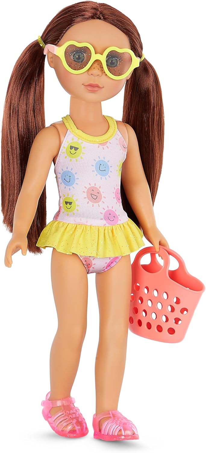 Glitter Girls – 14-Inch Doll Clothes – 4 Pieces Swimsuit Outfit – Sunny One Pieces & Beach Bag – Heart Sunglasses & Pink Sandals – 3+ Years – Splish, Splash, and Sparkles