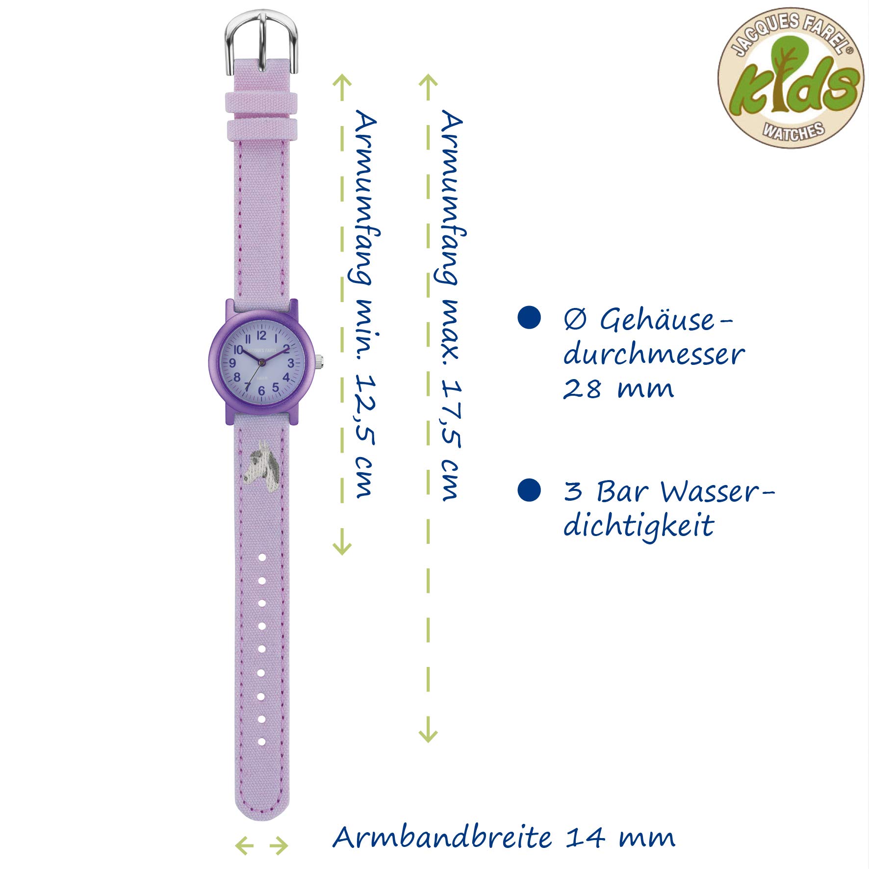 Jacques FAREL Öko-Kinderuhr Mädchen Armbanduhr mit Textilband aus Bio-Baumwolle Analog Quarz Lila Flieder Pferd ORG 8820
