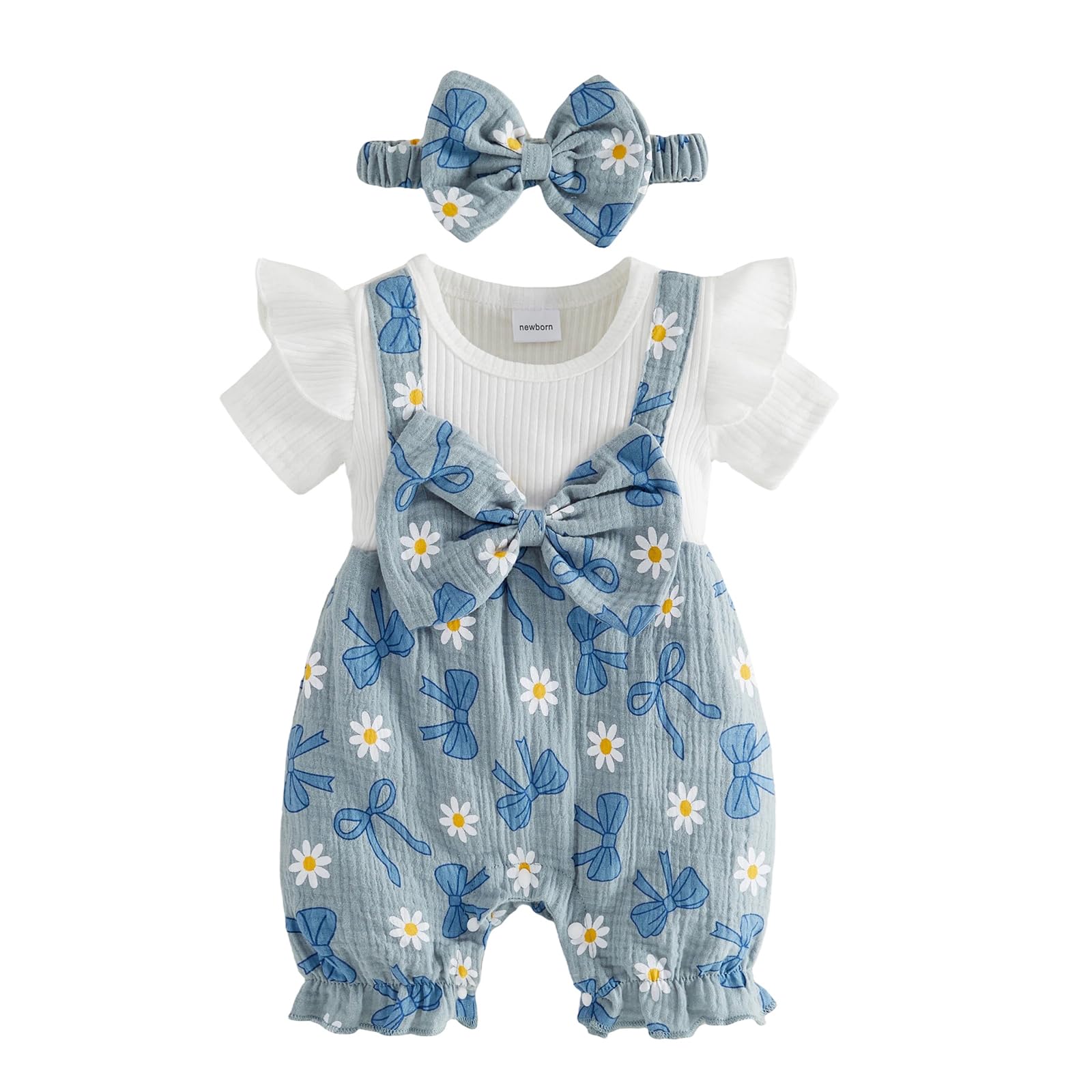 YINGISFITM Newborn Baby Girl Summer Clothes Short Sleeve Bubble Romper Bow Shorts Jumpsuit Infant Outfit 0 3 6 9 12 18 Months 0-3 Months Bow Daisy Blue