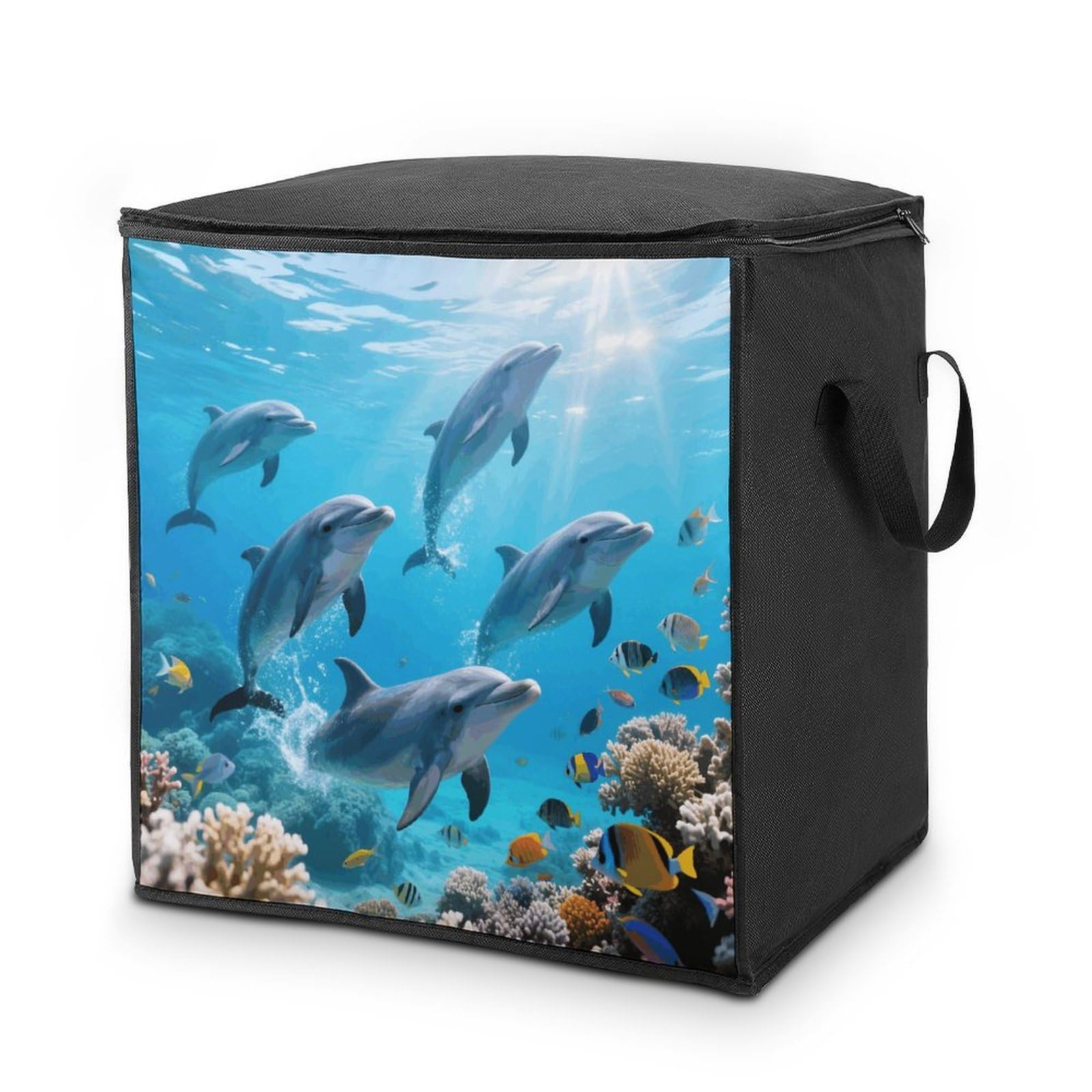 Cute Dolphins Large Storage Bags with Zippered Storage Organizers Bag Clothes Storages Bins with Lids Foldable Storages Containers with Reinforced Handles for Blanket Bedding
