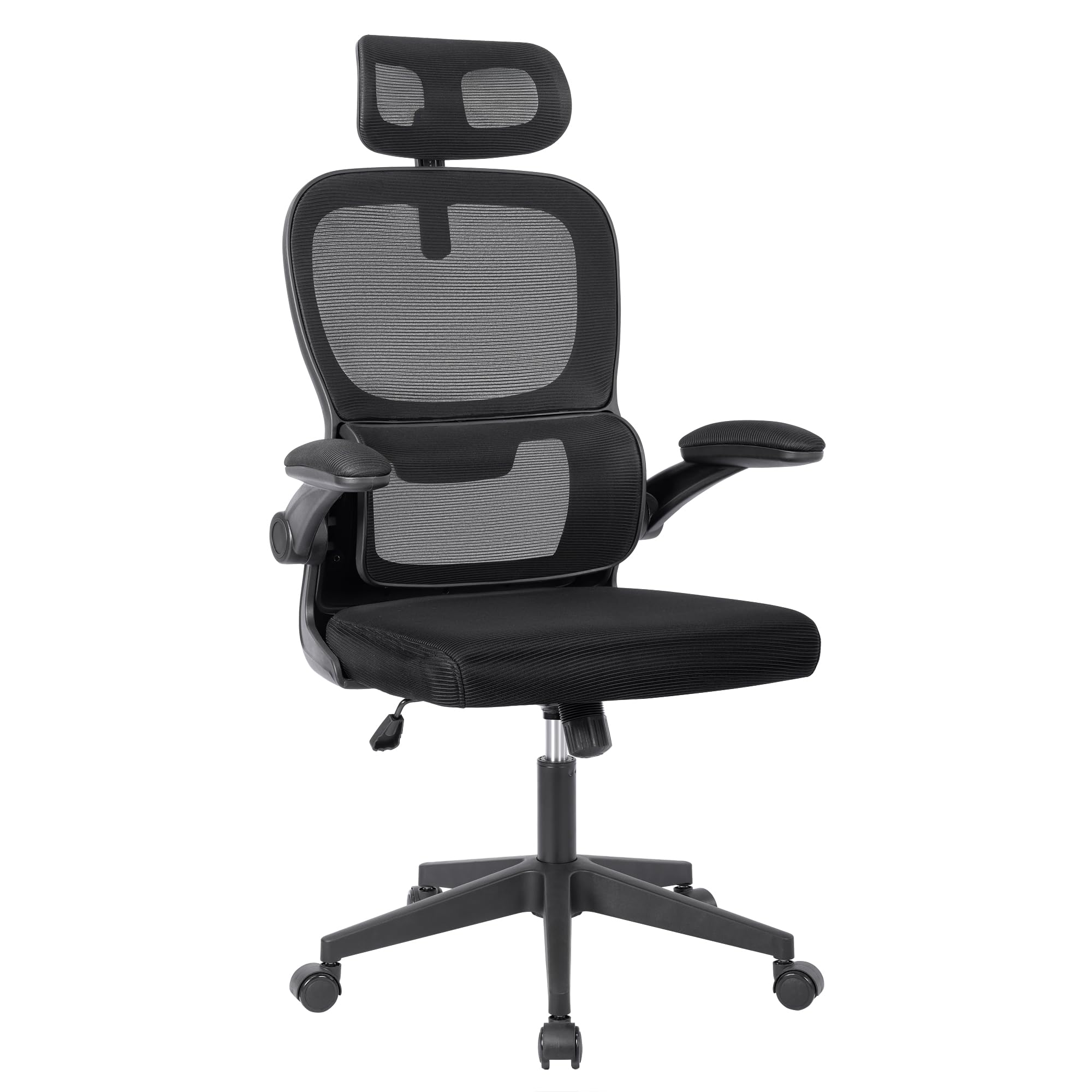Silla de oficina ergonómica con respaldo de malla transpirable y reposacabezas ajustable | Asiento acolchado, reposabrazos abatibles y base resistente con ruedas giratorias | Diseño moderno