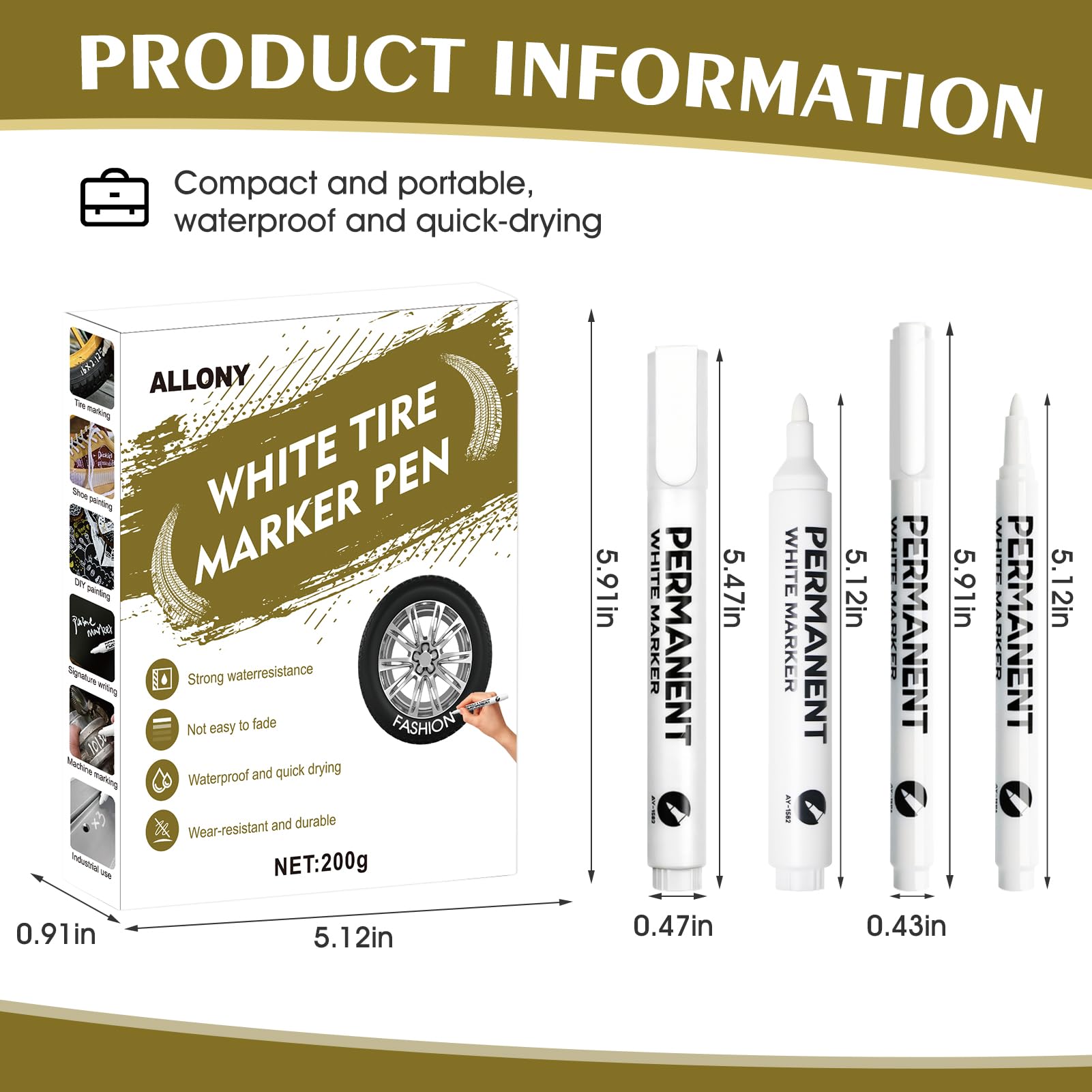 Allony Marqueur Blanc pour Pneus - Stylo Imperméable à Séchage Rapide - Adapté au Marquage des Pneus de Voiture, Moto, Vélo - 6 Pièces