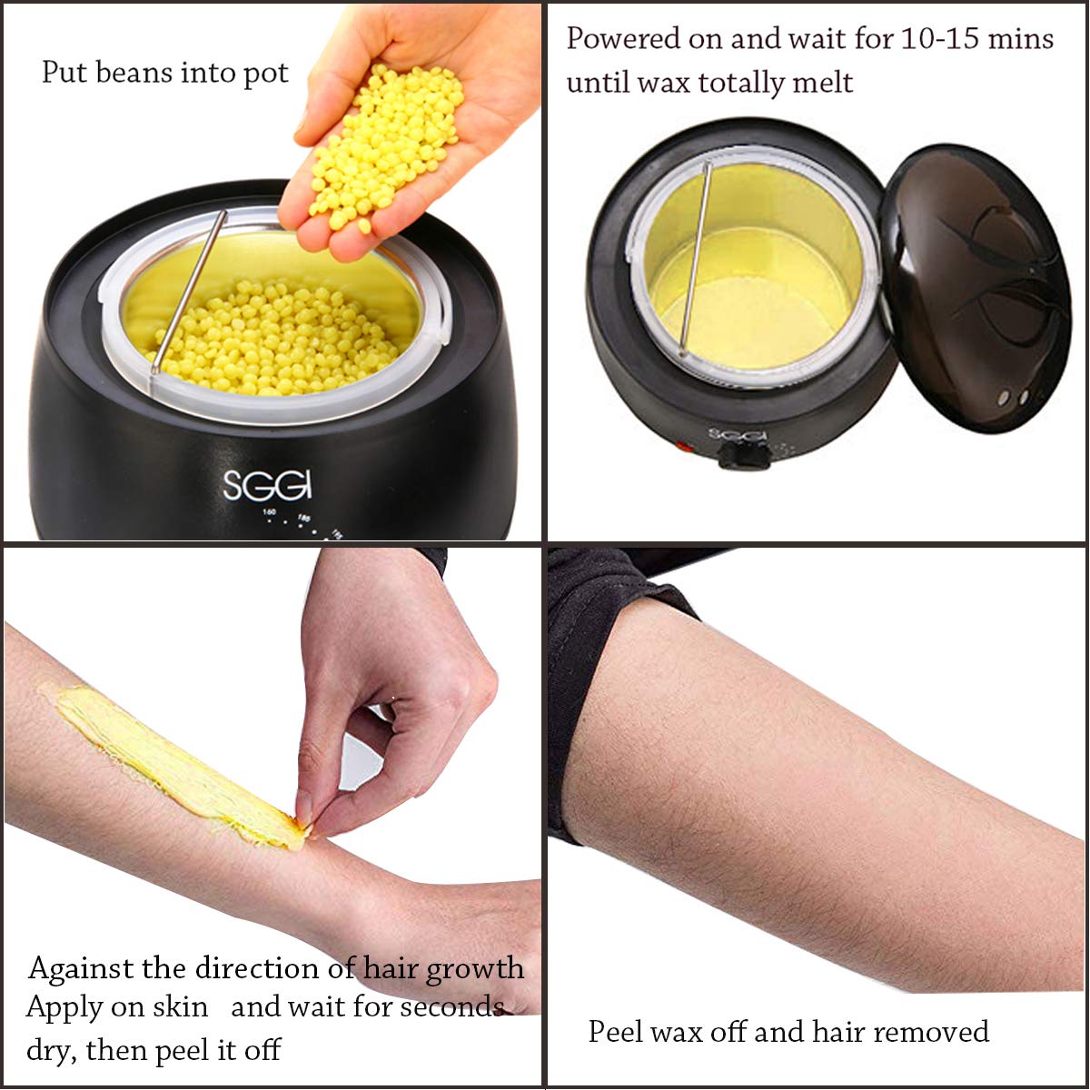 SGGI Waxing Kit Wax Warmer 4 Hard Wax Beans (3.5oz/pack) 10 Wooden Spatulas Waxing of Full Body, Face, Bikini Area, Legs