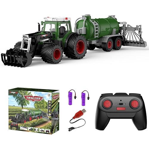 kolegend Remote Control Tractor with RC Irrigation Trailer & Front Loader, Kids RC Tractor Toy 2.4Ghz Remote for Driving and irrigating, 8 Wide Wheels &Lights, Farm Toy for Kids Ages 3+