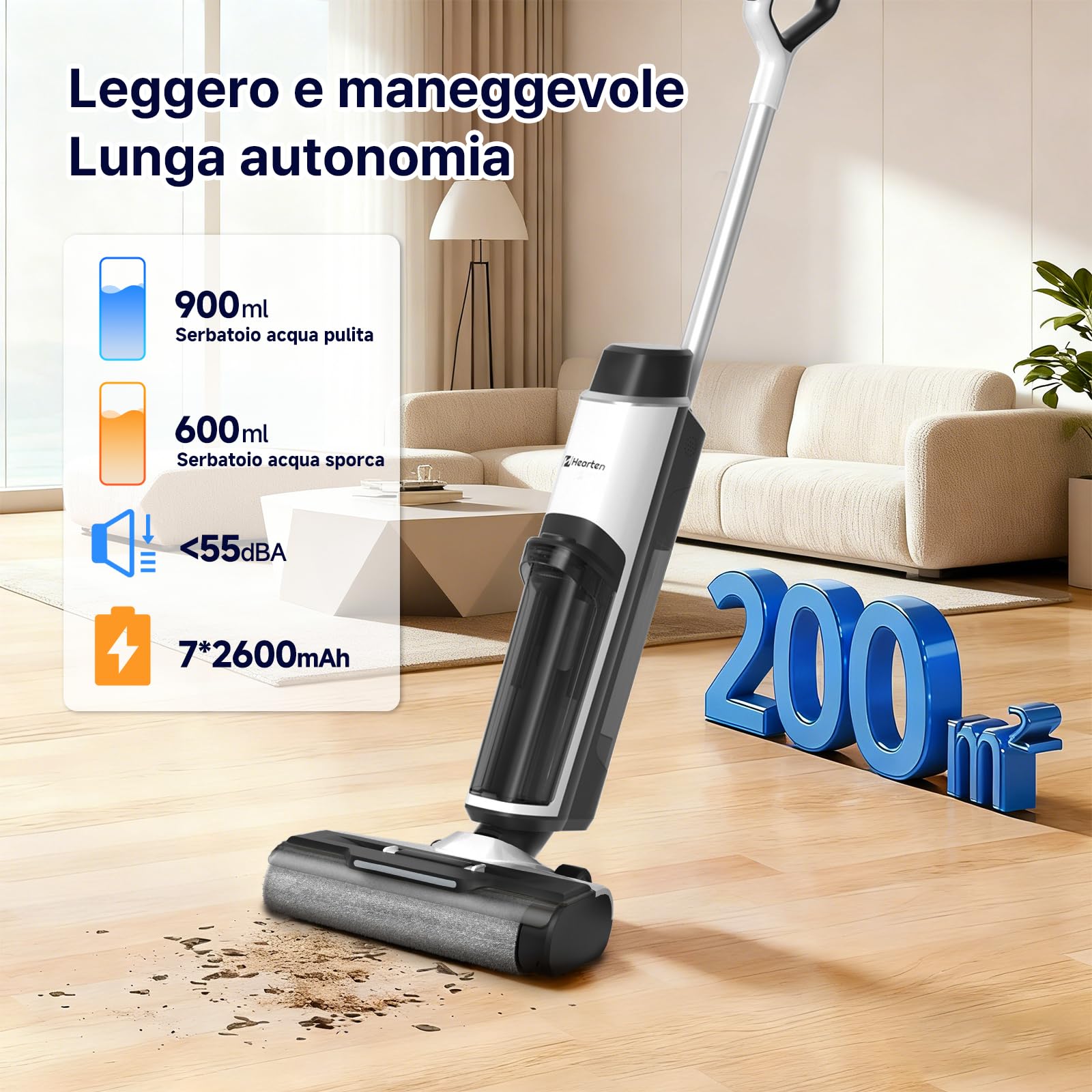 Hearten Aspirapolvere Lavapavimenti Sanificazione con Acqua Elettrolitica, Auto Pulizia, Autopropulsione Lavapavimenti Senza Filo, Display LED, Guida Vocale per Pavimenti in Piastrelle e Legno