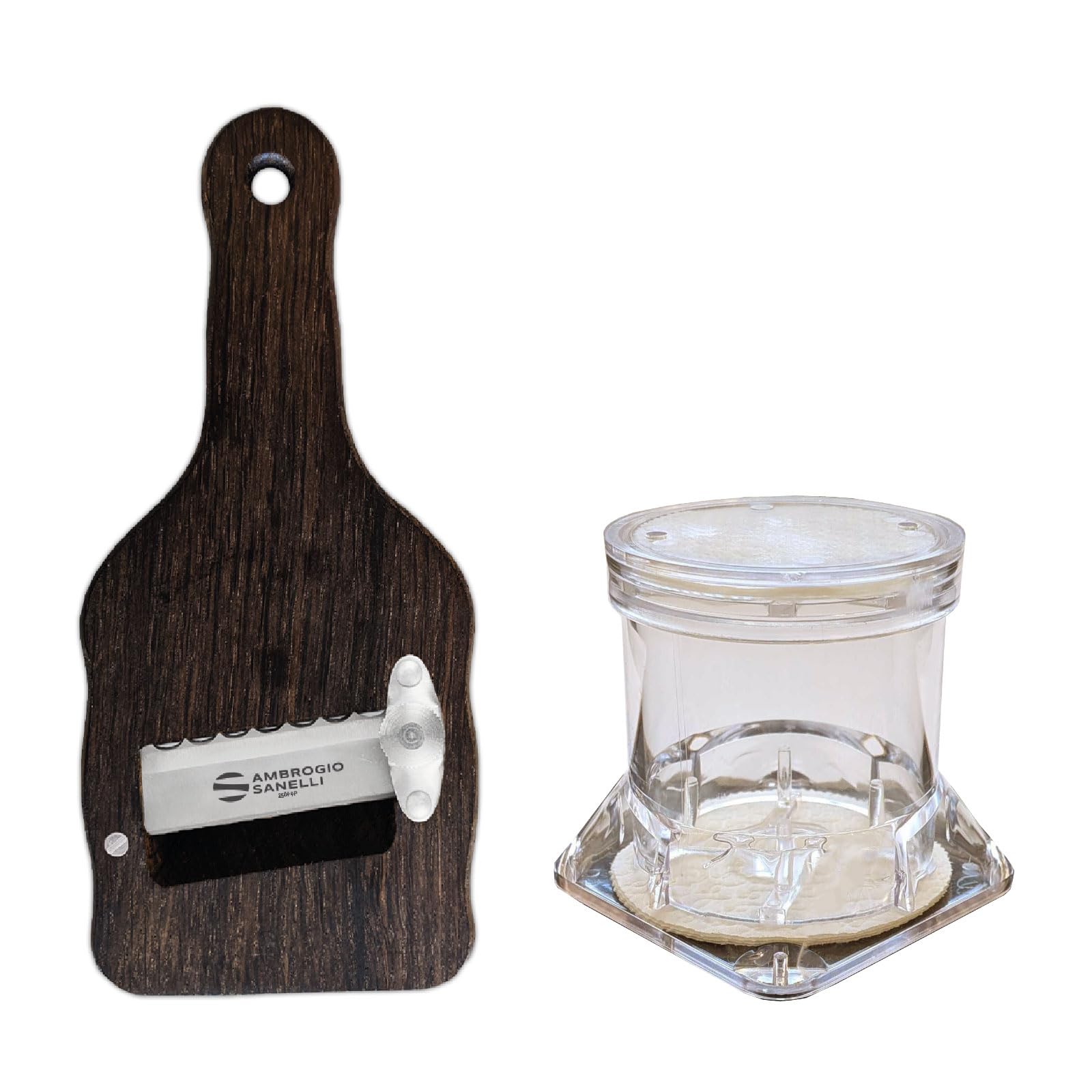Ambrogio Sanelli Kit Tartufo con Affettatartufi in Legno Rovere Fumigato e Contenitore Tartufo Tuber-Pack - Affettatartufi con Lama Ondulata Regolabile in Acciaio Inox