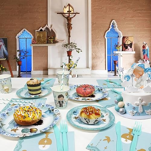 Miniatura 5 de Juego de 112 platos y servilletas azules para comunión Mi Primera, platos de bautismo y servilletas para niños para la primera comunión, suministros