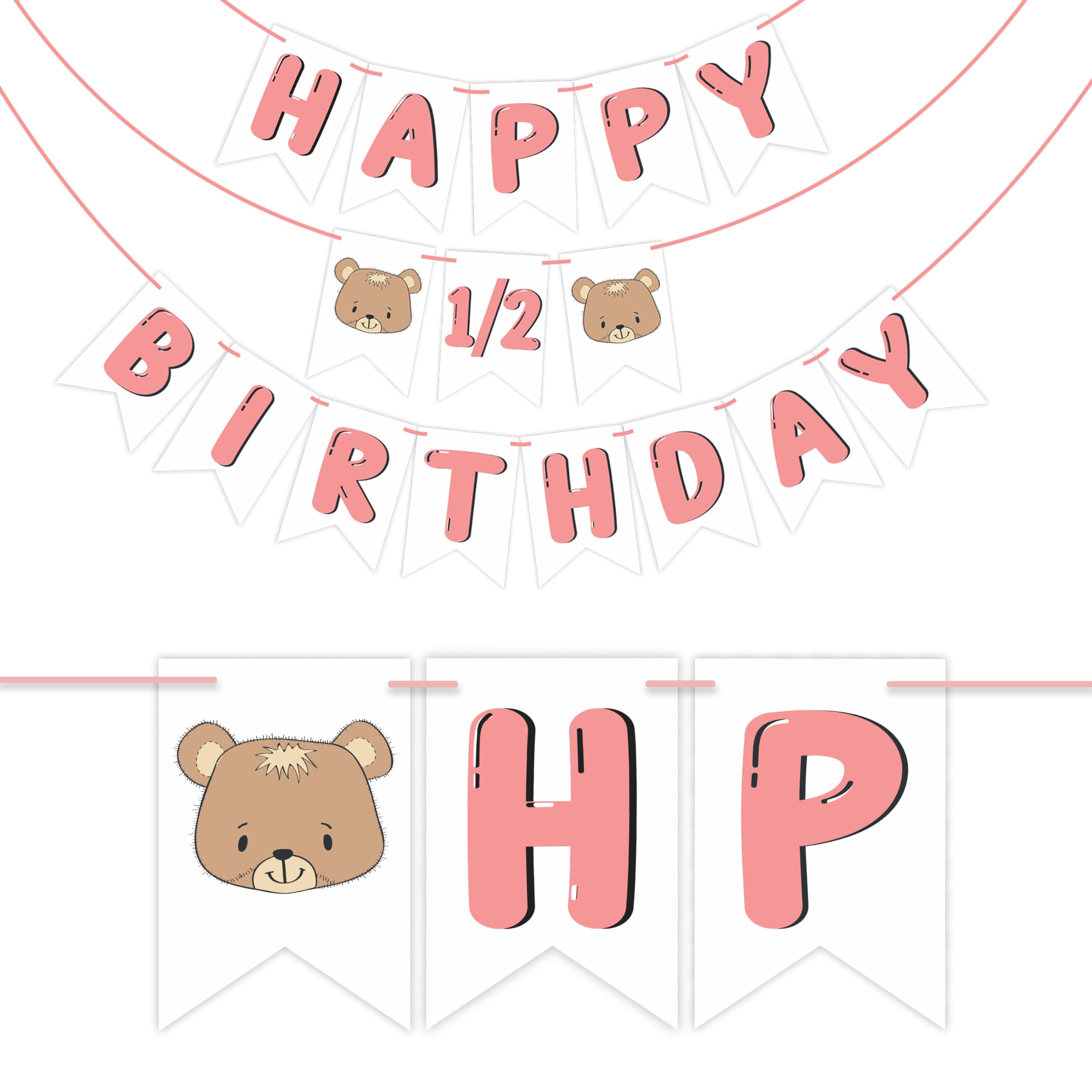 WOBBOX Pink Text & Bear Birthday Banner, Its My Half Birthday, 63.5 cm x 15.6 cm, Standard Banner, Reusable