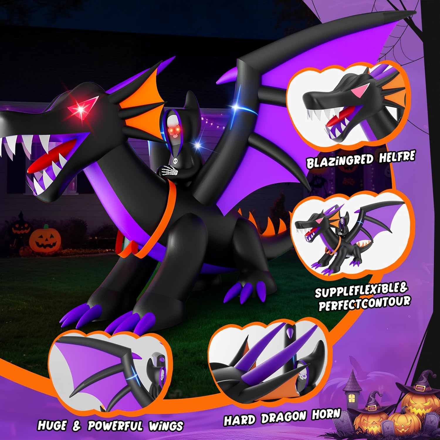 Skirfy 11FT Halloween Inflatable Dragon Decorations, Outdoor Large Scary Blow Up Dragon, Led Lights Halloween Fun Holiday Party Yard Garden Lawn Decor