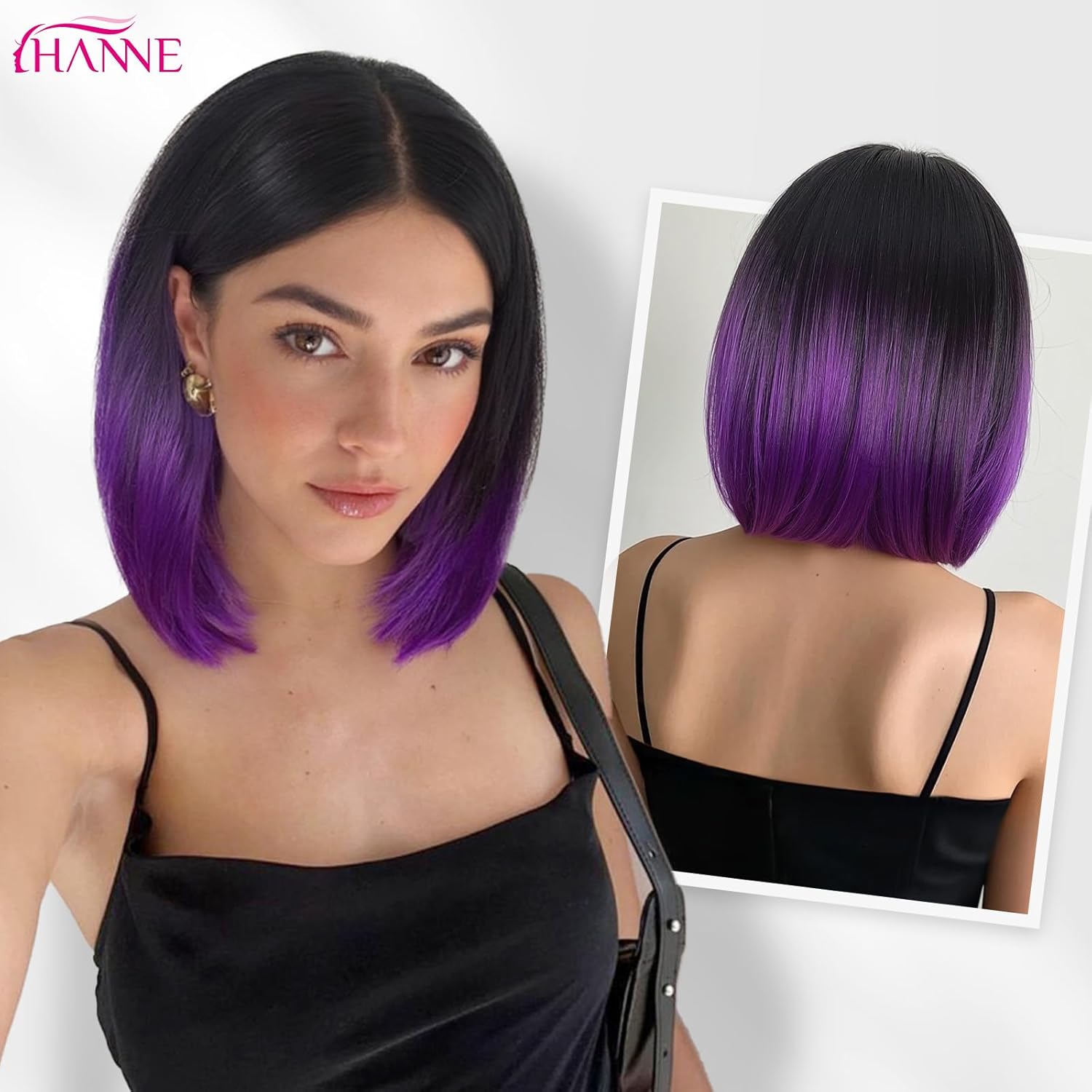 HANNE Ombre Purple Bob Wig Short Straight Bob Wig Heat Resistant Synthetic Hair Wigs for Black Women Halloween Rumi Cosplay Wigs (Black to Purple)