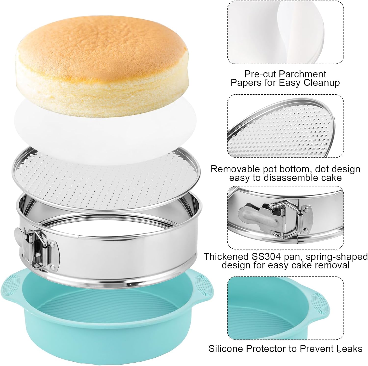 9inch 304 Stainless Steel Springform Cake Pan with Detachable Bottom, Silicone Cheesecake Pan Protector, Parchment Paper, Decorating Kit Piping Bags and Tips- Ideal for Home Bakers - Image 4
