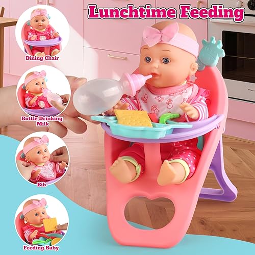 Miniatura 6 de Juego de cochecito de muñeca de bebé, una muñeca de bebé de 12.5 pulgadas con accesorios para muñecas y 2 juegos de ropa, cochecito de muñeca para