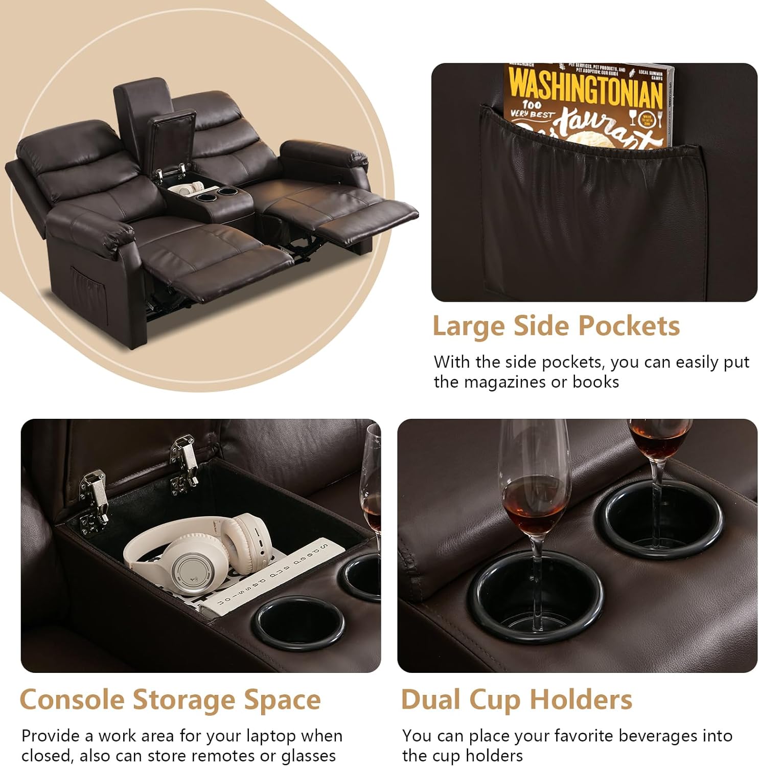 Loveseat Reclining Sofa with Console, RV Recliner Sofa with Cup Holders, Large Pockets, Manual RV Loveseat Recliner for Living Room, Home Theaters (Light Brown, No LED Light)
