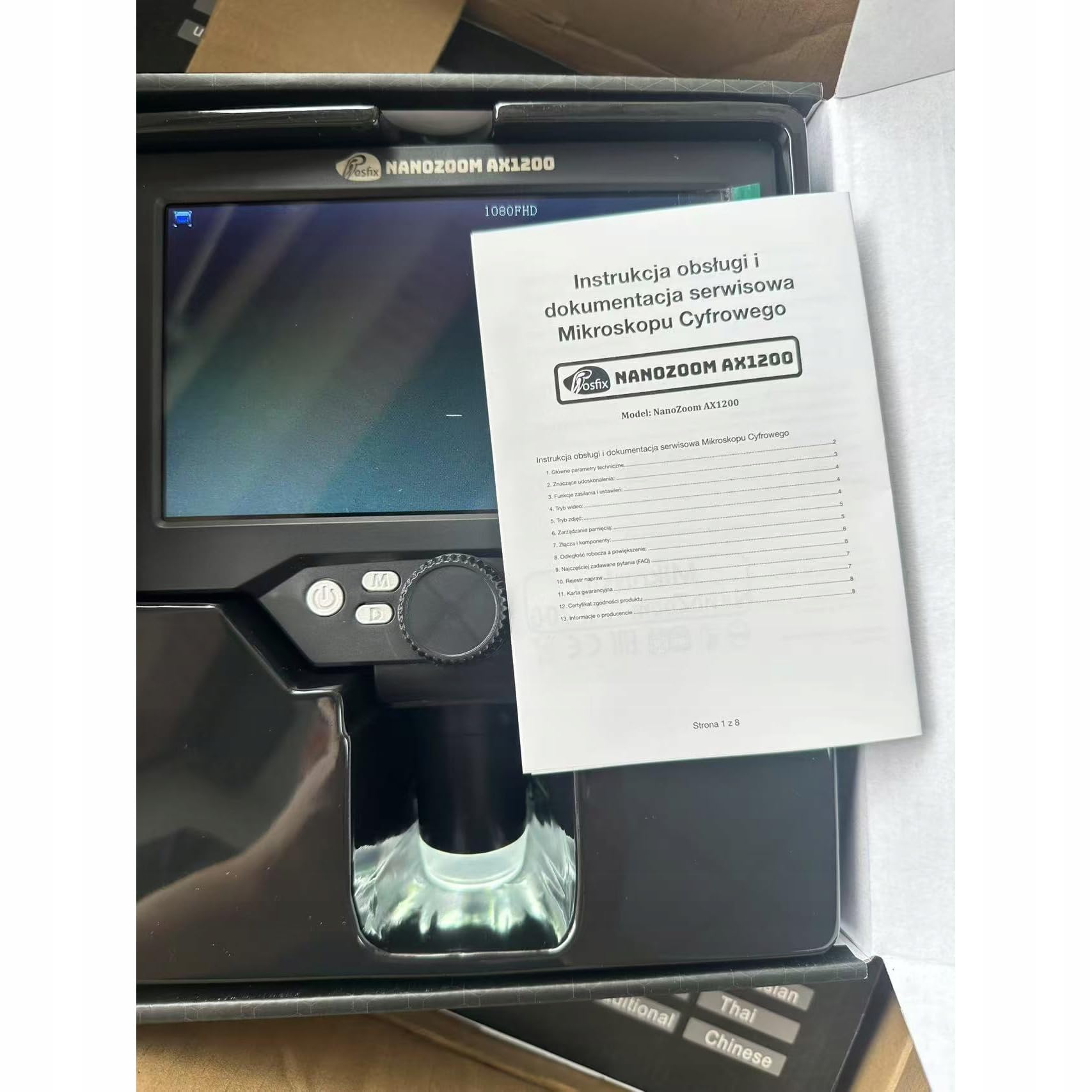 Rosfix NanoZoom AX1200 - Microscopio digital LCD 7" 12MP 1080P | Ampliación 1200x, LED, USB, microSD, soporte de aluminio | Análisis electrónico y biológico