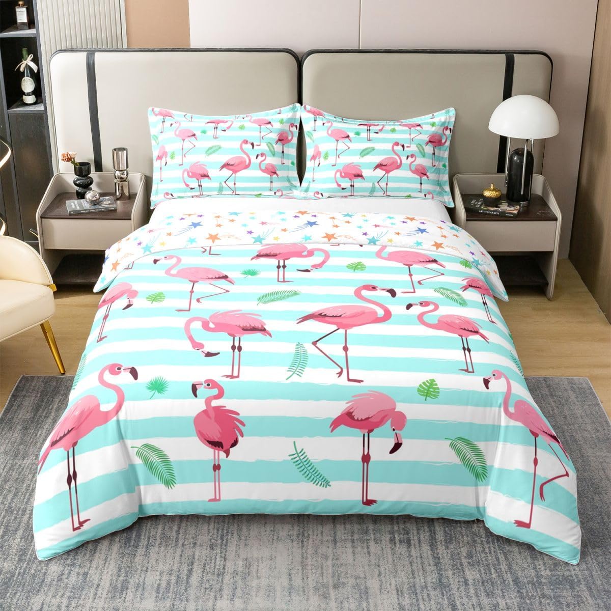 jejeloiu Kids Flamingo Cotton Duvet Cover Set Twin Size Tropical Flamingo Pattern Bedding Set for Boys Girls Teens Palm Leaf Blue Stripes Bedspread Cover Bedroom Quilt Cover