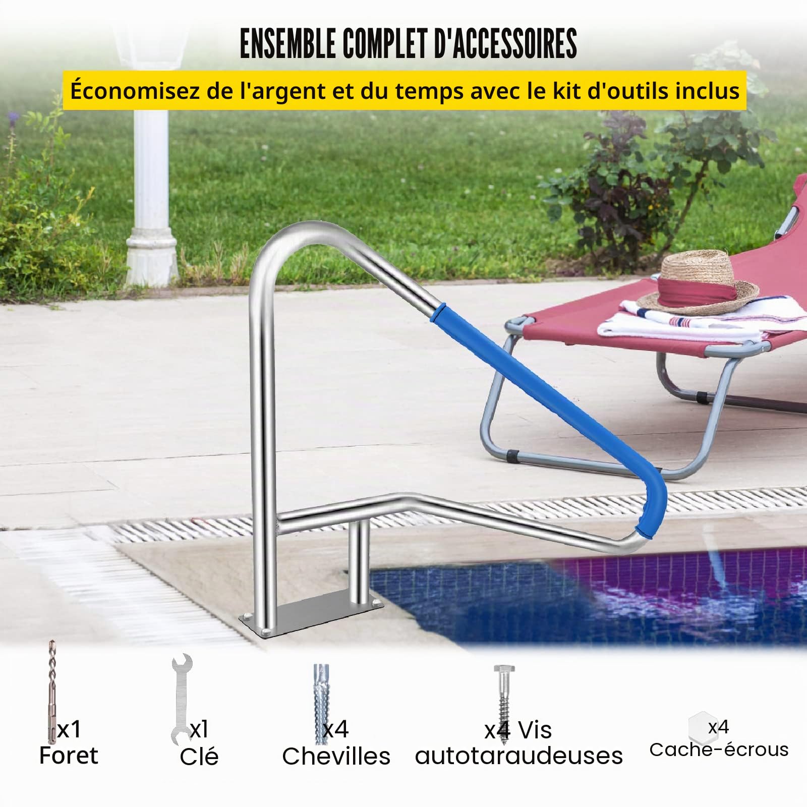 VEVOR Rampe Piscine INOX Main Courante Rail Barre d'Appui de Piscines Tube avec Housse Poignée pour Sortie Entrée Piscine Spa Parc Aquatique (54 x 36 Pouce / 137 x 91,4 cm) BXGYCFS4W54X36YC1
