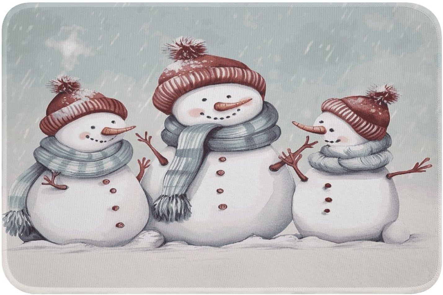 Winter Snowman Front Door Mat for Home Decor Outdoor Indoor Entrance Door Mat Non-Slip Outside Doormat Washable Kitchen Rug Crystal Velvet Welcome Mats Soft Small Area Rug