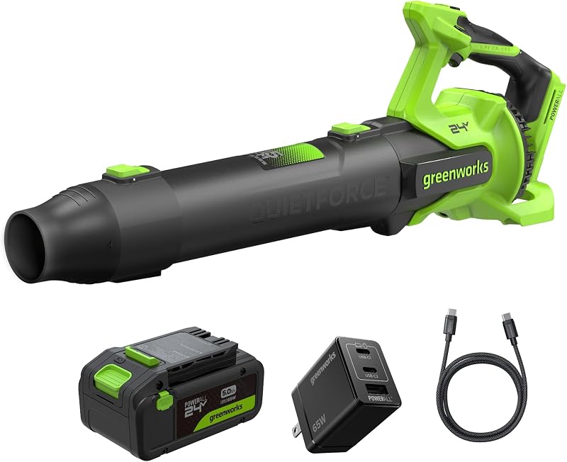 24V Electric Leaf Blower, 515 CFM, 5.0 Ah Battery and Charger