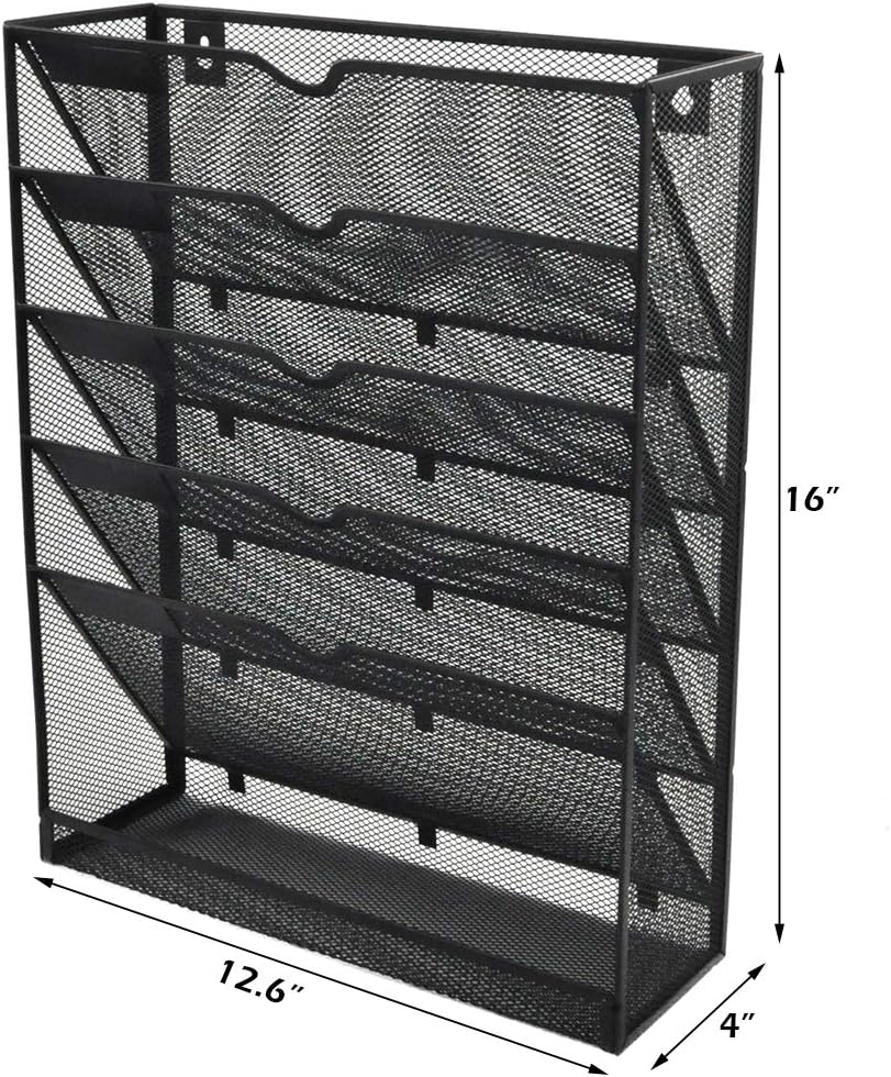 EASEPRES Mesh Wall File Organizer 5 Tier Vertical Mount Hanging Holder Magazine Rack with Bottom Flat Tray, Black : Office Products