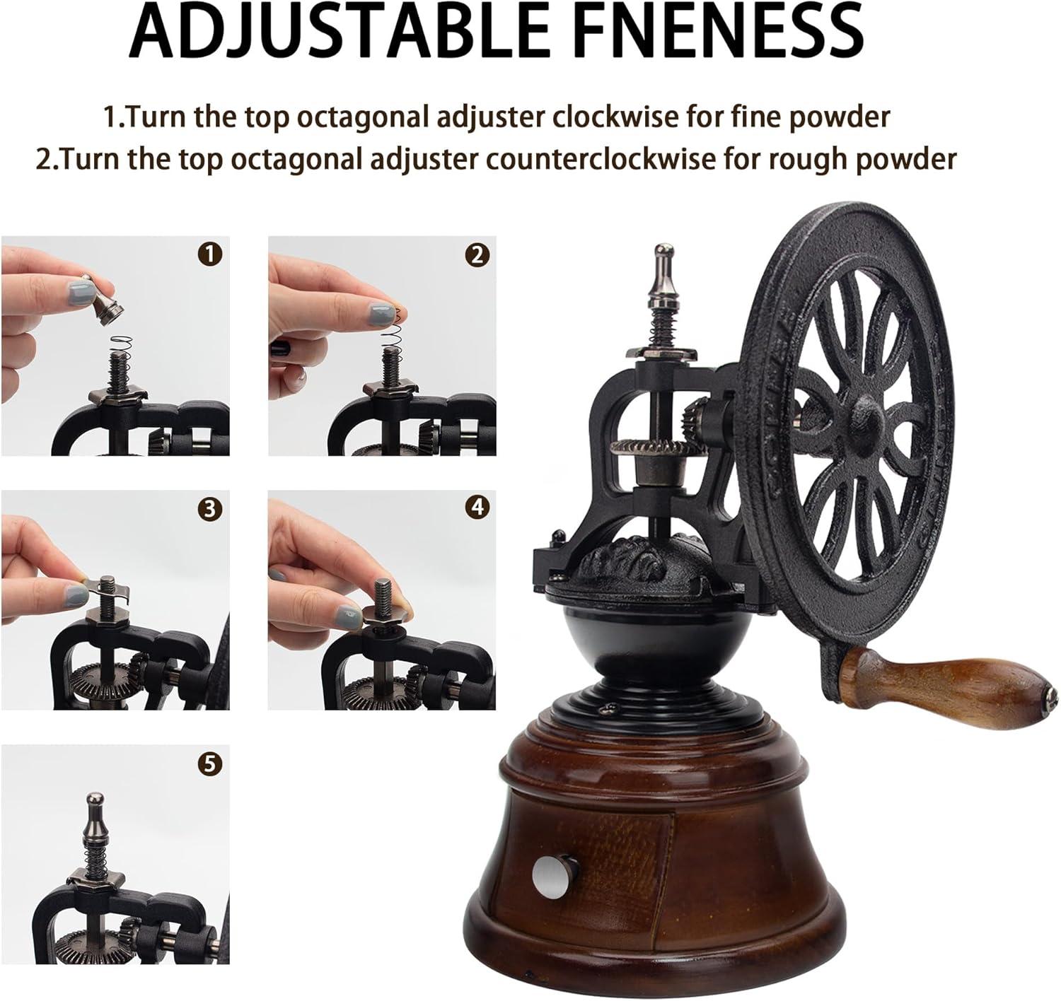 Vintage Manual Coffee Grinder, Cast Iron and Wood Construction, Adjustable Burr Mill with Collection Box, Black and Brown, 10.63x5.75 Inch