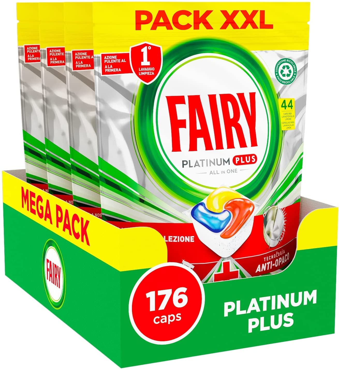 Fairy Platinum Detergente Pastillas Lavavajillas Plus, Abrillantador, 176 Cápsulas Lavavajillas, Limón, Tecnología Anti-Mate Con Acción Abrillantante, Contra La Grasa Y Las Incrustaciones Ostinadas