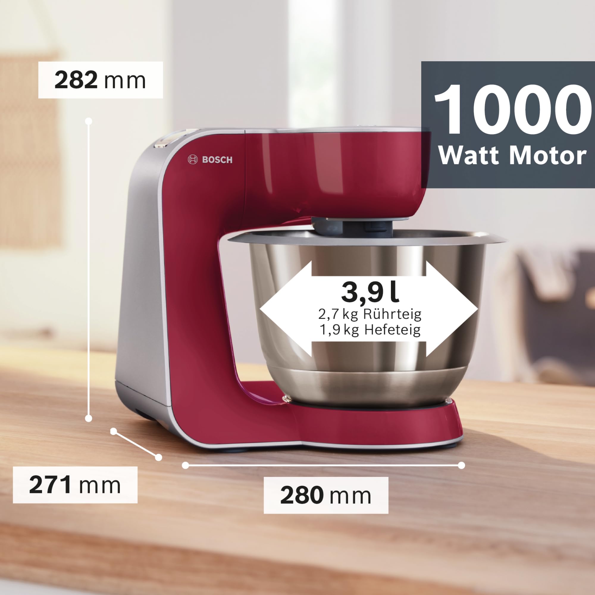 Bosch Planetaria Robot da Cucina MUM5, Ciotola in Acciaio da 3.9 L, 7 Velocità, 1000 W, Rosso