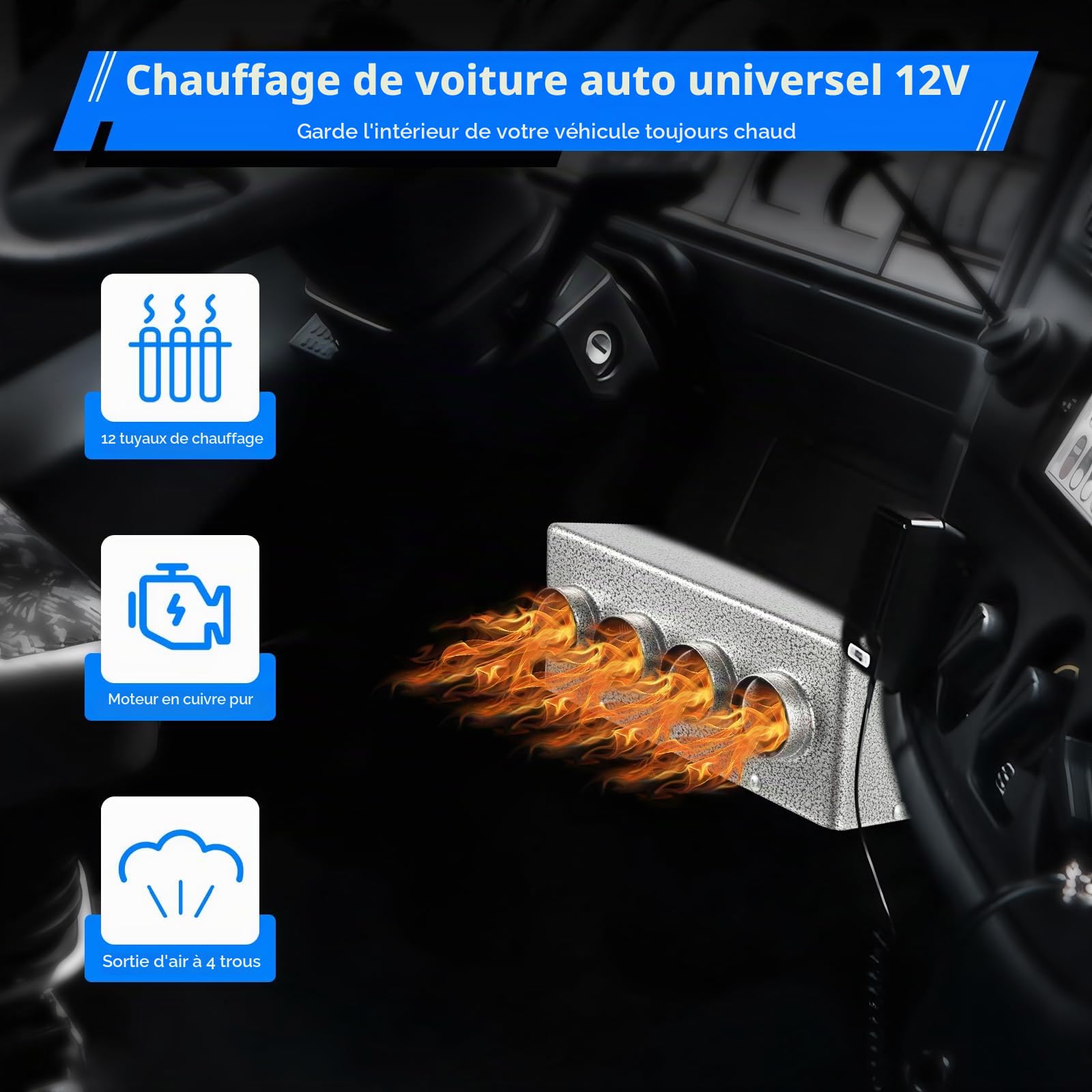 Chauffage Universel 12V pour Voiture – Appareil de Chauffage Haute Performance avec Tubes en Cuivre & Double Ventilateur Turbo – Écoénergétique, pour Voitures, Camions & Camping-Cars