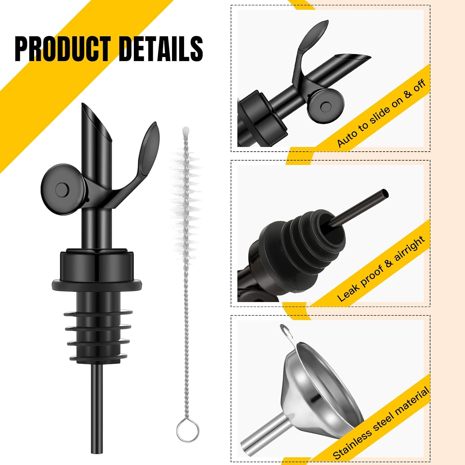 Tioncy 4 Pcs Olive Oil Spout Stainless Steel Liquor Pour Spout for Olive Oil Bottle Dispenser Automatic Opening and Closing with Funnel and Brush for Pouring Wine Syrup Kitchen(Black)