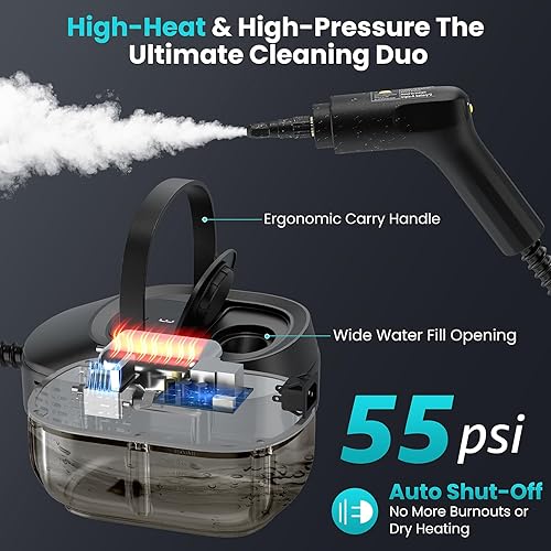 Miniatura 4 de Limpiador de vapor de mano para el hogar, vapor de alta presión de 2500 W, calentamiento rápido de 15 segundos, tanque de 1.6 L, limpiador de vapor