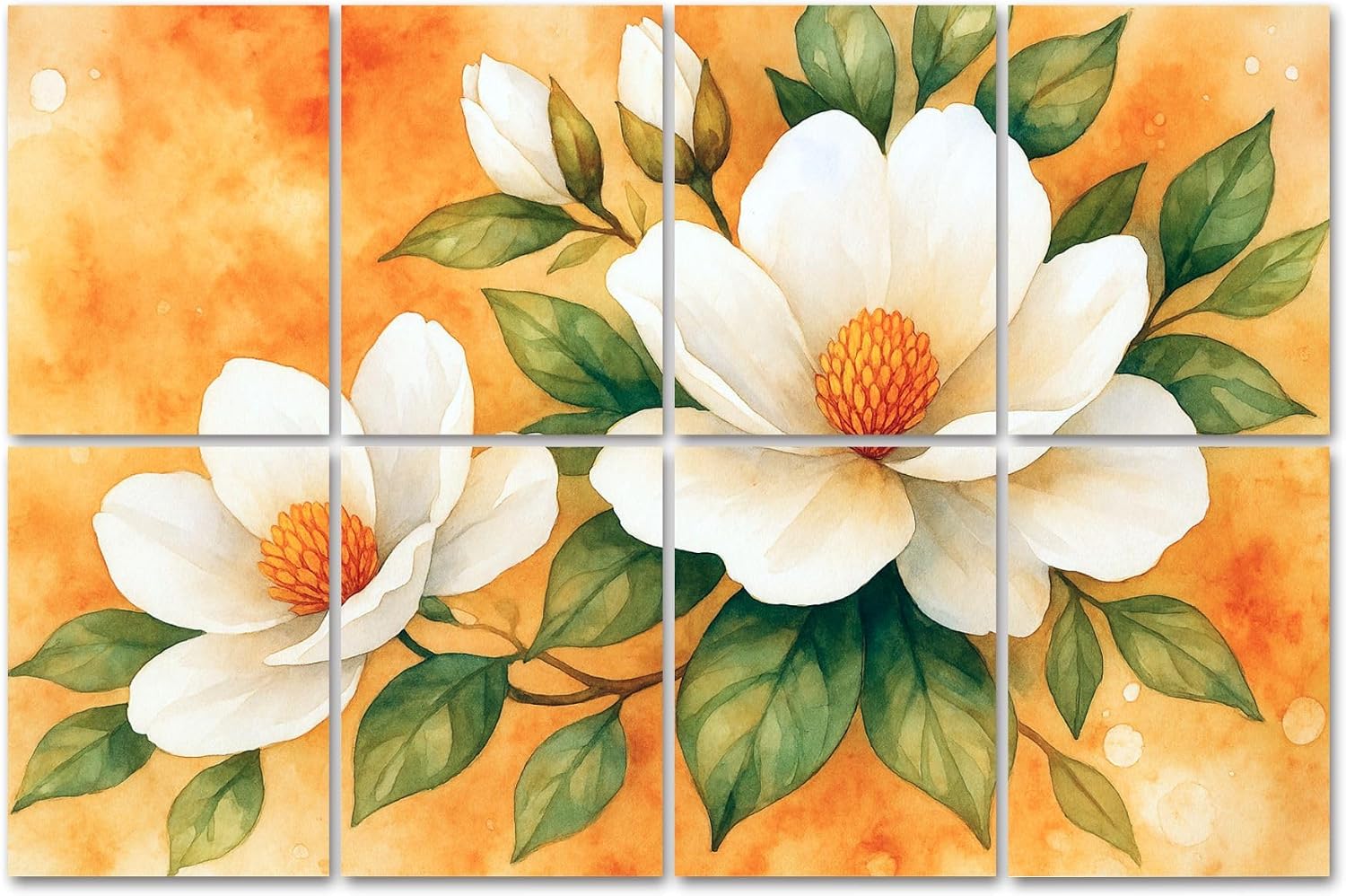 8 Panels Art Acoustic Panels Vintage White Magnolia Floral Sunset Orange Boho Magnolia Flowers Soundproof Wall Panels Padding Decorative Sound Absorbing Panels 48"x32" for Recording Studios Home