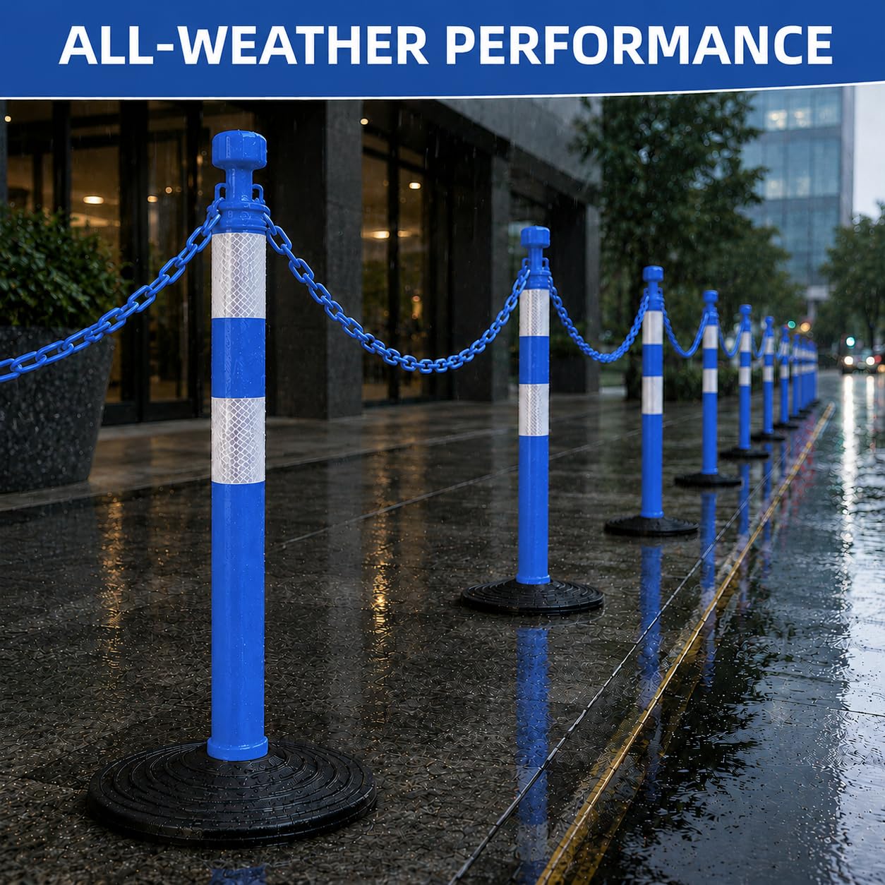 Set de 6 postes de seguridad de 99,6 cm con cadenas de plástico de 2 m, portátiles, para delimitación de áreas, obras, parkings y eventos (Azul y blanco)