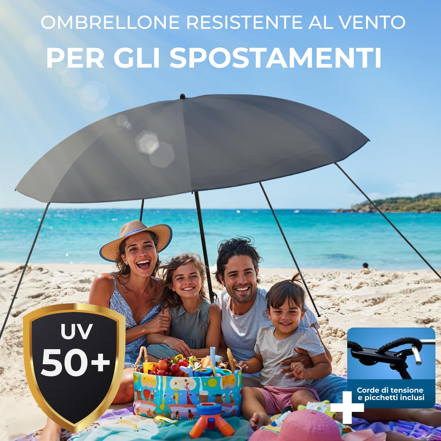 STYNGARD Ombrellone da Spiaggia Portatile protezione UV 50+ [155 cm ⌀] - Ombrellone da Viaggio con cavi di ancoraggio - Modello NICE