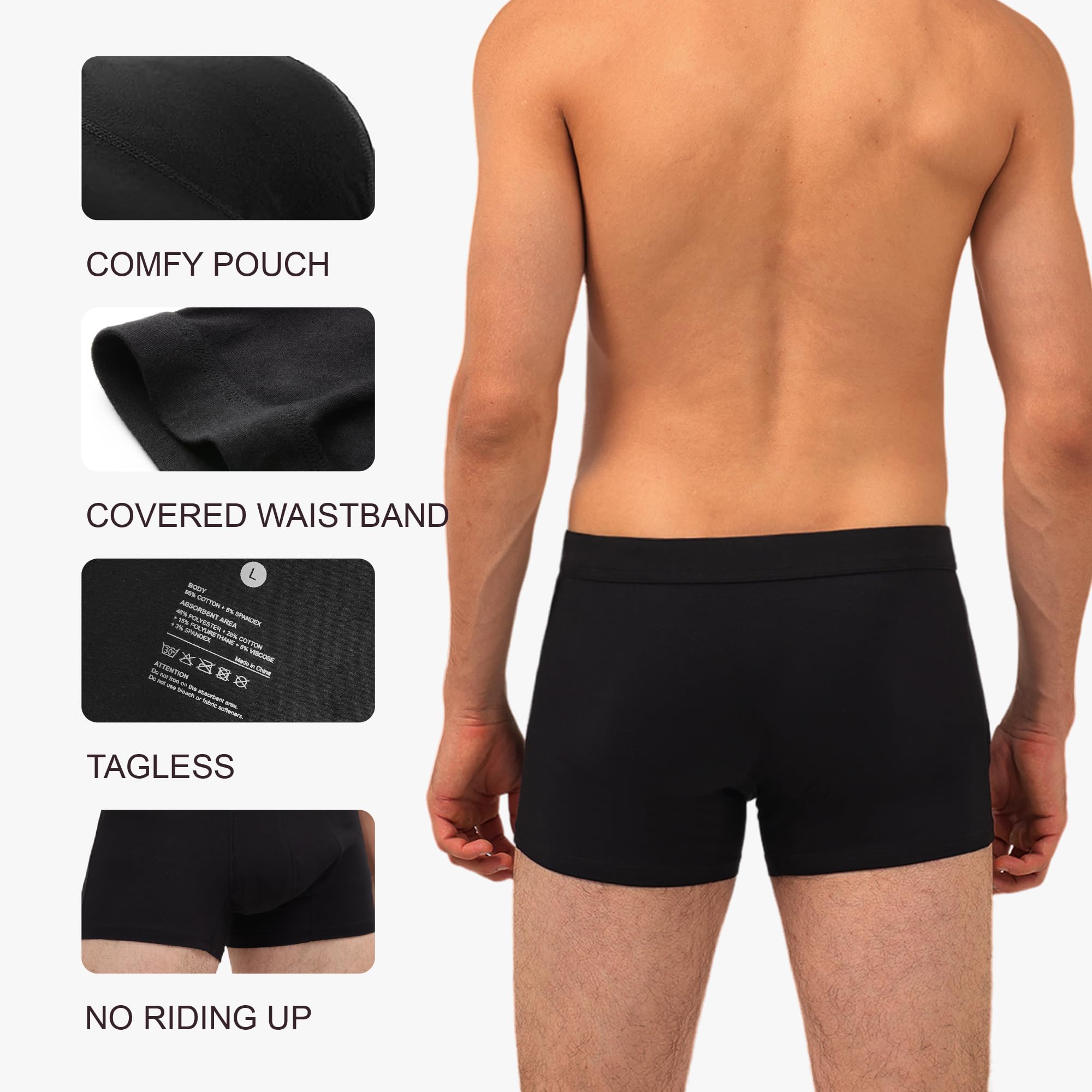 Ropa interior para incontinencia urinaria para hombre, lavable, control de vejiga, con absorción de 60 ml, a prueba de fugas, paquete de 3 (negro, L)