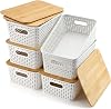 AREYZIN Storage Bins with Bamboo Lids Set of 6 Lidded Storage Container Plastic Baskets Organizer Bins for Organizing Kithen Room Bedroom Office Closet, Sturdy(Black)