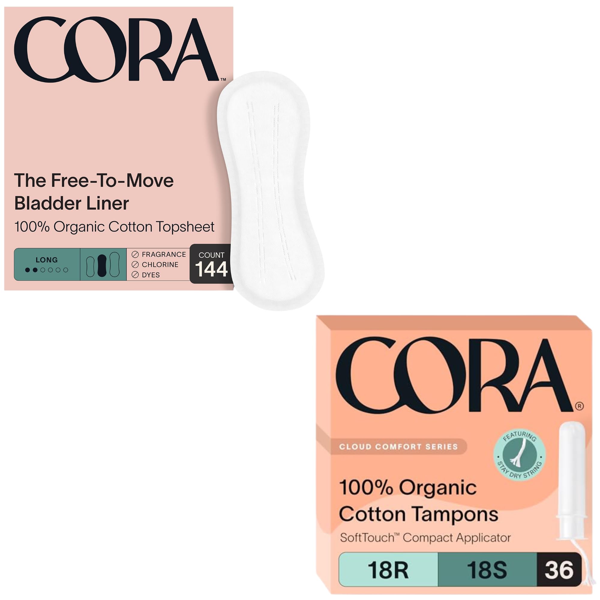 Cora Organic Feminine Care 144 Long Bladder Liners Incontinence Postpartum Pads and 36R S Applicator Tampon Multipack Ultra-Absorbent