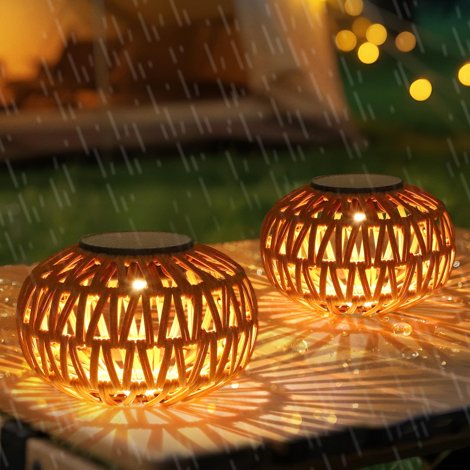 Paquete de 2 faroles solares impermeables para exteriores, decoración de lámpara de mesa al aire libre, luces solares de ratán decorativas, pequeños faroles de mesa para mamá, abuela, faroles