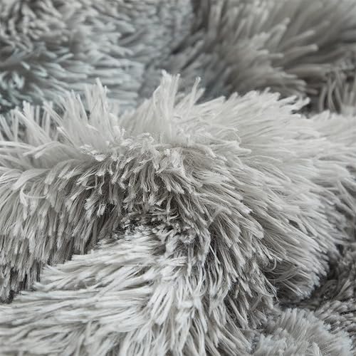 Miniatura 5 de Wajade Juego de edredón de felpa de pelo sintético teñido anudado gris y blanco, juego de cama mullido y mullido - Juego de edredón de microfibra